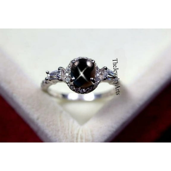 Handcrafted Oval Black Star Sapphire Ring in Solid 925 Sterling Silver Unique Lindy Star Gemstone Jewelry Vintage-Inspired Celestial Statement Ring for Women Gold Vermeil 4