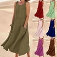 thumbnail image 5 of qucoqpe Women Summer Cotton Linen Dress Fashion Casual Solid U Neck Sleeveless Tank Dress Ruffle Hem Flowy Loose Beach Long Maxi Dress with Two Pockets, 5 of 5