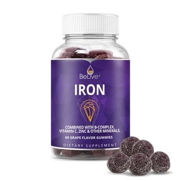 BeLive Iron Gummies - Multivitamin with Iron, Vitamins & Zinc for Blood Oxygen - Grape Flavor, Vegan Supplement for Women, Men & Kids