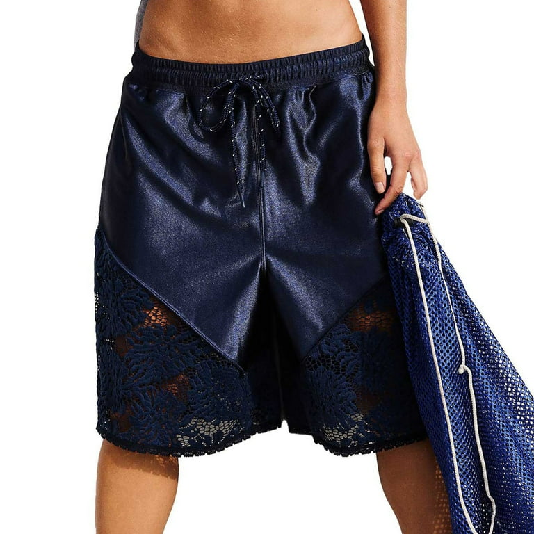 Women's Basketball Lace Trim Shorts, Patchwork Athletic Mid-Thigh