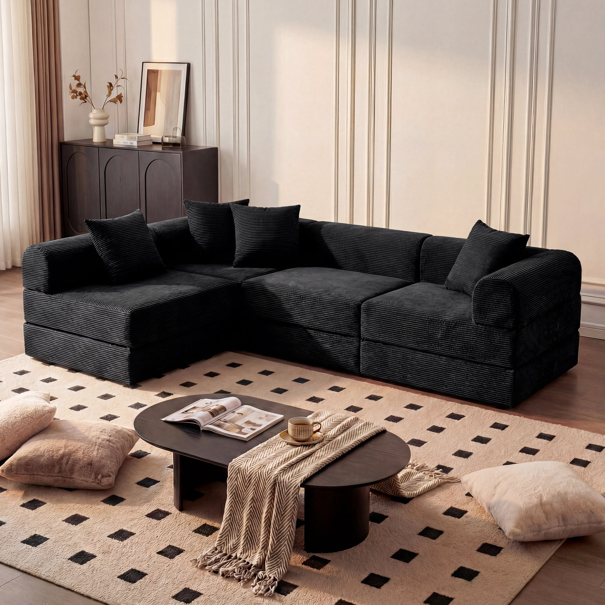 ELEKA 112.2" Modular Sectional Sofa Bed， Convertible Sleeper Sofa with Deep Seat，Corduroy Boneless Couch，Upholstered Foldable Couches for Living Room，No Assembly Required，Black