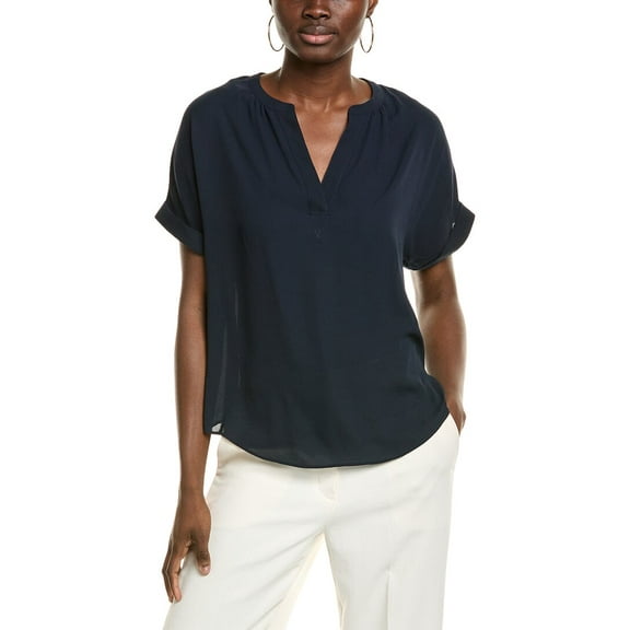 T Tahari womens Split Neck Rolled Cuff Blouse, m, Blue