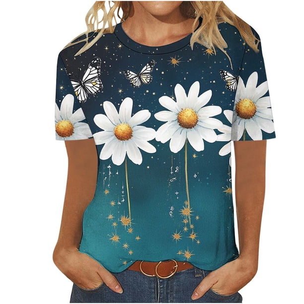 Blusas para las Mujeres Casual Impreso Cuello Redondo Manga Corta Camiseta Top, Tops Cortos para las Mujeres Primavera Verano