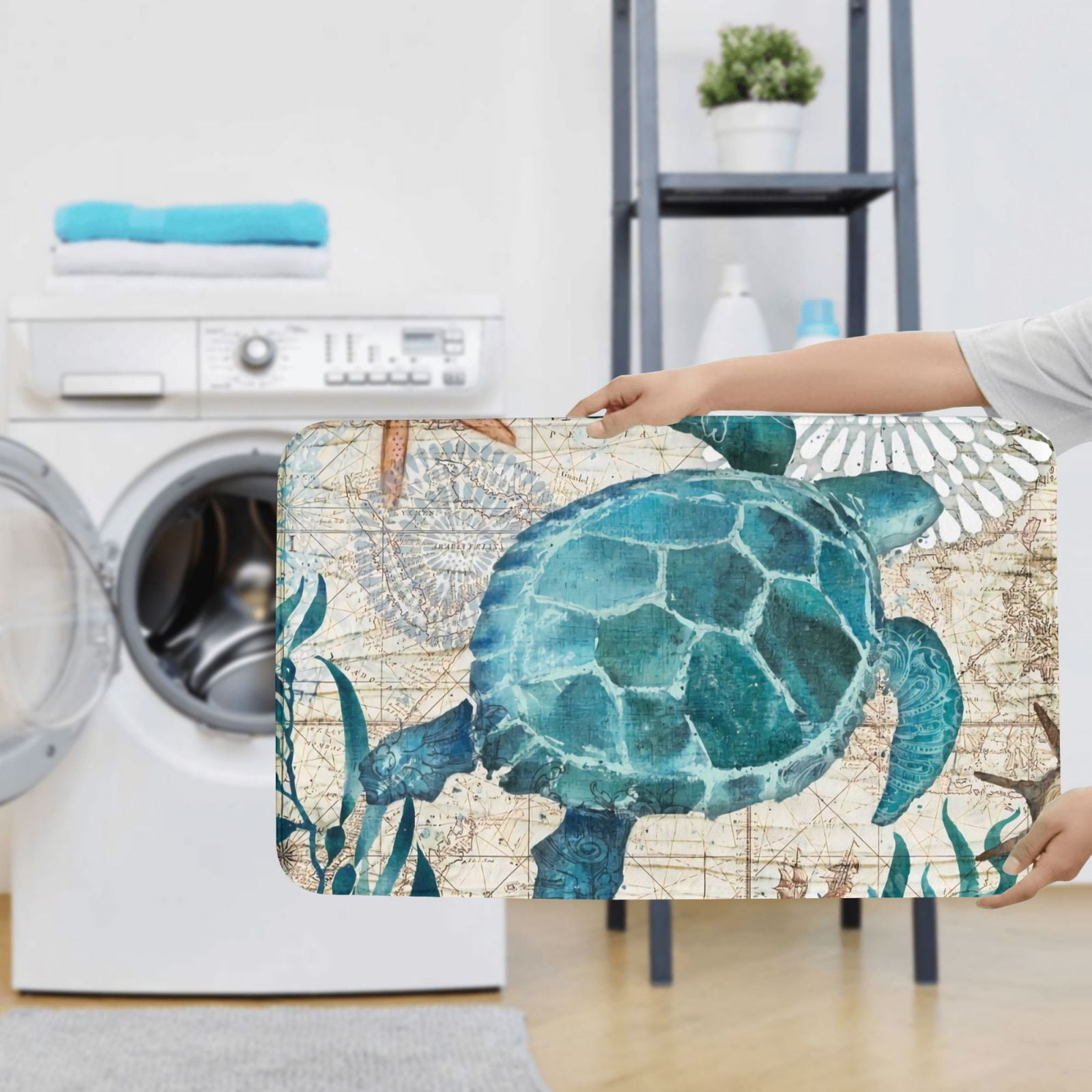 Bathroom Rugs Sets 3 Piece - Watercolor Sea Turtle Absorbent Non Slip Bath Mats, U-Shape Toilet Lid Cover, Contour Mat, Soft Washable Shower Mats Bath Rug Mat for Bathroom Tub Toilet