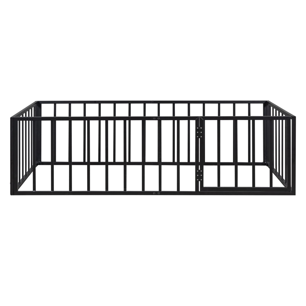 Twin Floor Bed Frame, Montessori Floor Bed with Full-Length Guardrails and Door, No Slats Supports, Black, 77"×41.1"×21.7"H
