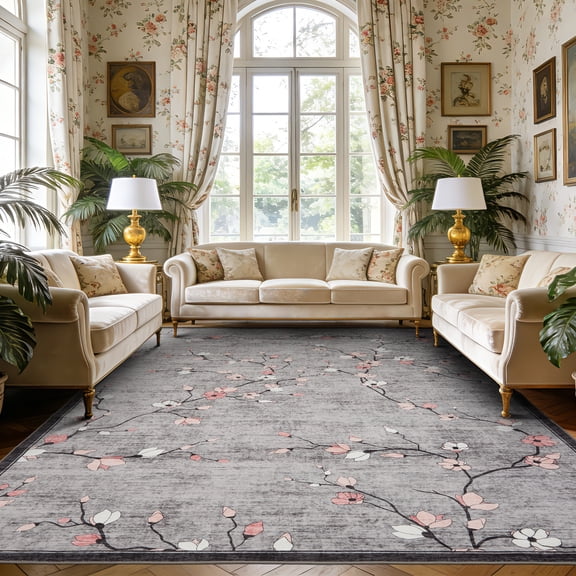 Area Rug for Living Room, Vintage Floral Rug, Washable Non Slip & Low Pile Carpet for Living Room, Bedroom, Dining Room