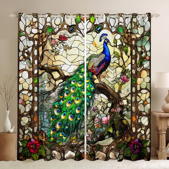 jejeloiu Cartoon Peacock Blackout Curtains Set of 2 (38x54 Each),Zoo Animal Curtains and Drapes,Rustic Flower Floral Living Room Curtains For Girls,Luxury Bedroom Decor