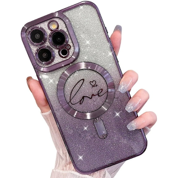 for iPhone 12 Pro Max Clear Magnetic Glitter Phone Cases [Compatible with Magsafe],Luxury Love Heart Plating Bling Gradient Sparkle Shockproof Cover for Women Girls,/Purple