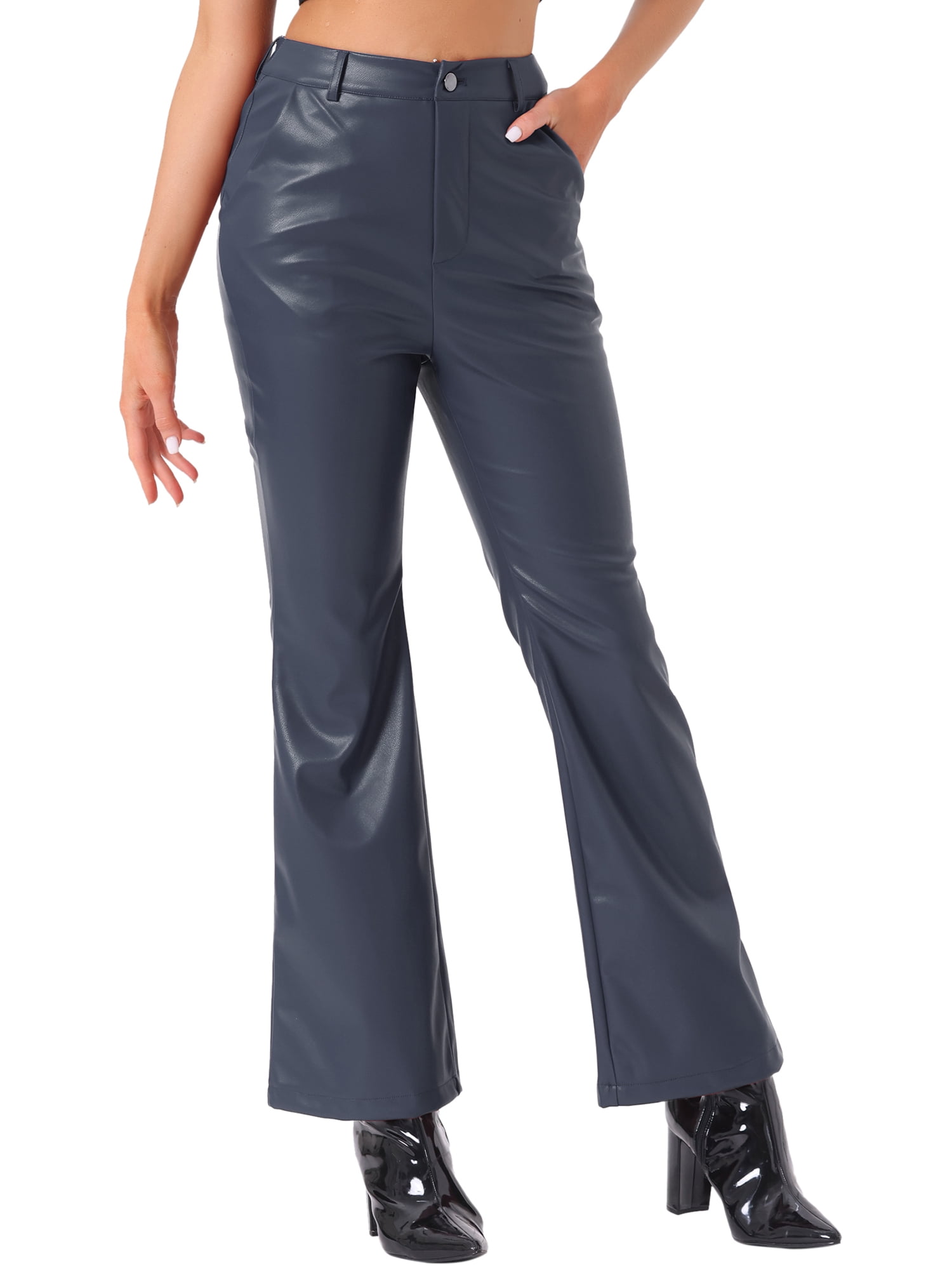 INSPIRE CHIC Faux Leather Casual Pant for Women's High Waist Bell Bottom Flared Long PU Trouser XL Dark Blue