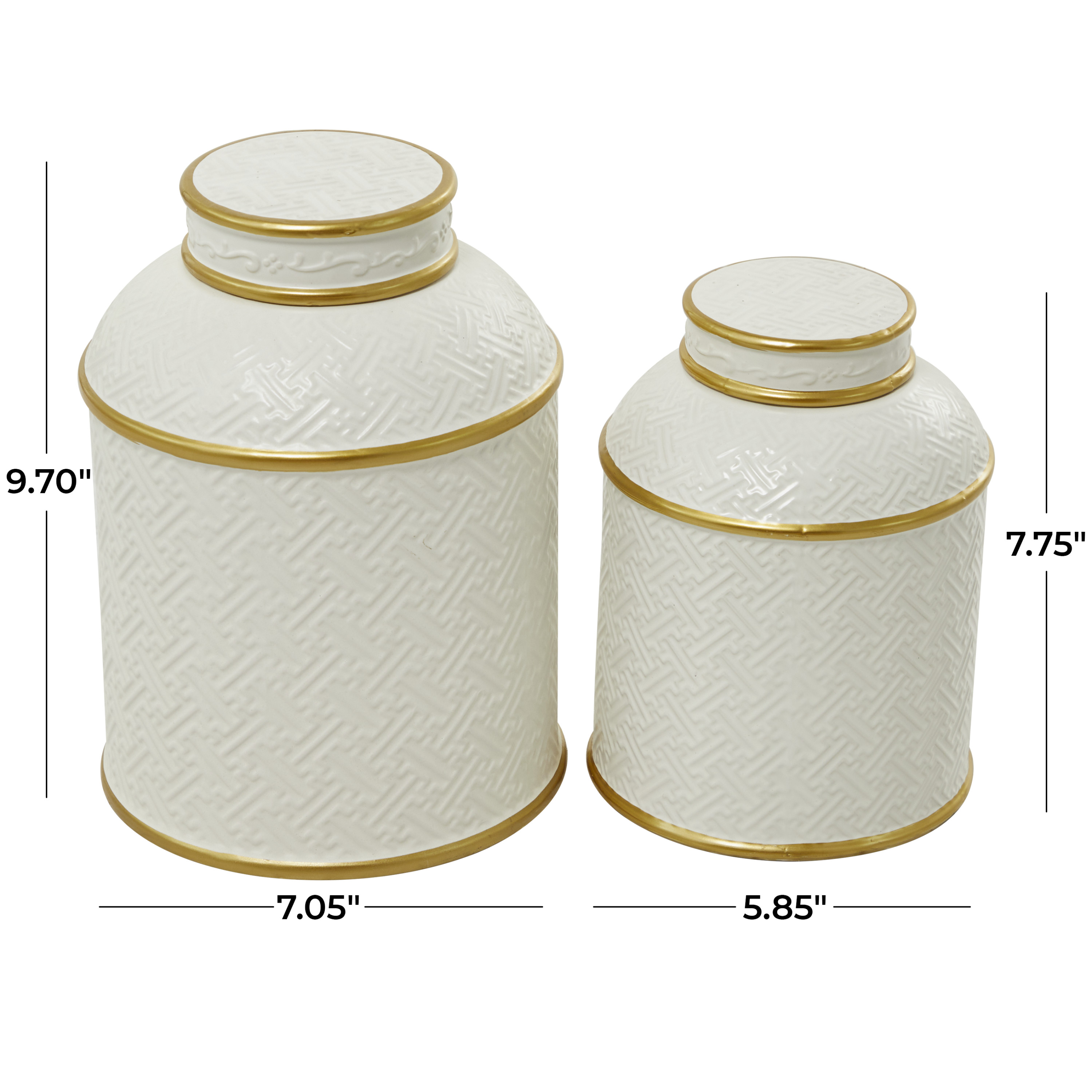 DecMode 10"W, 8"H White Ceramic Decorative Jars with Gold Accents, 2-Pieces