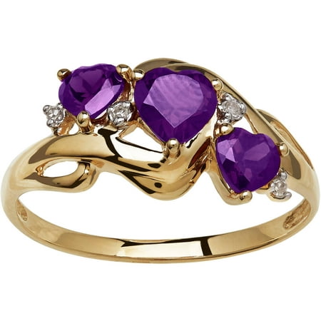 Simply Gold Gemstone Threestone Heart-Shaped Amethyst with Diamond Accent 10kt Yellow Gold Ring, Size 7