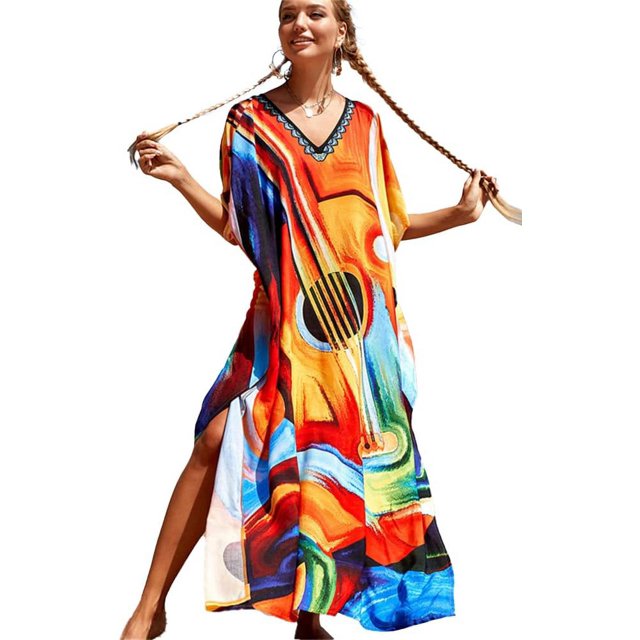 LinYooLi Robe de Plage pour Femmes, Longue Blouse Imprimée, Grande Taille, Robe de Bikini, Robe de Vacances