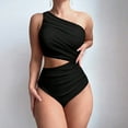thumbnail image 2 of MIXUE Swim Suits for Women Solid Color One Shoulder Ruched Monokini Swimwears Bathing Suits,Black,XL, 2 of 7