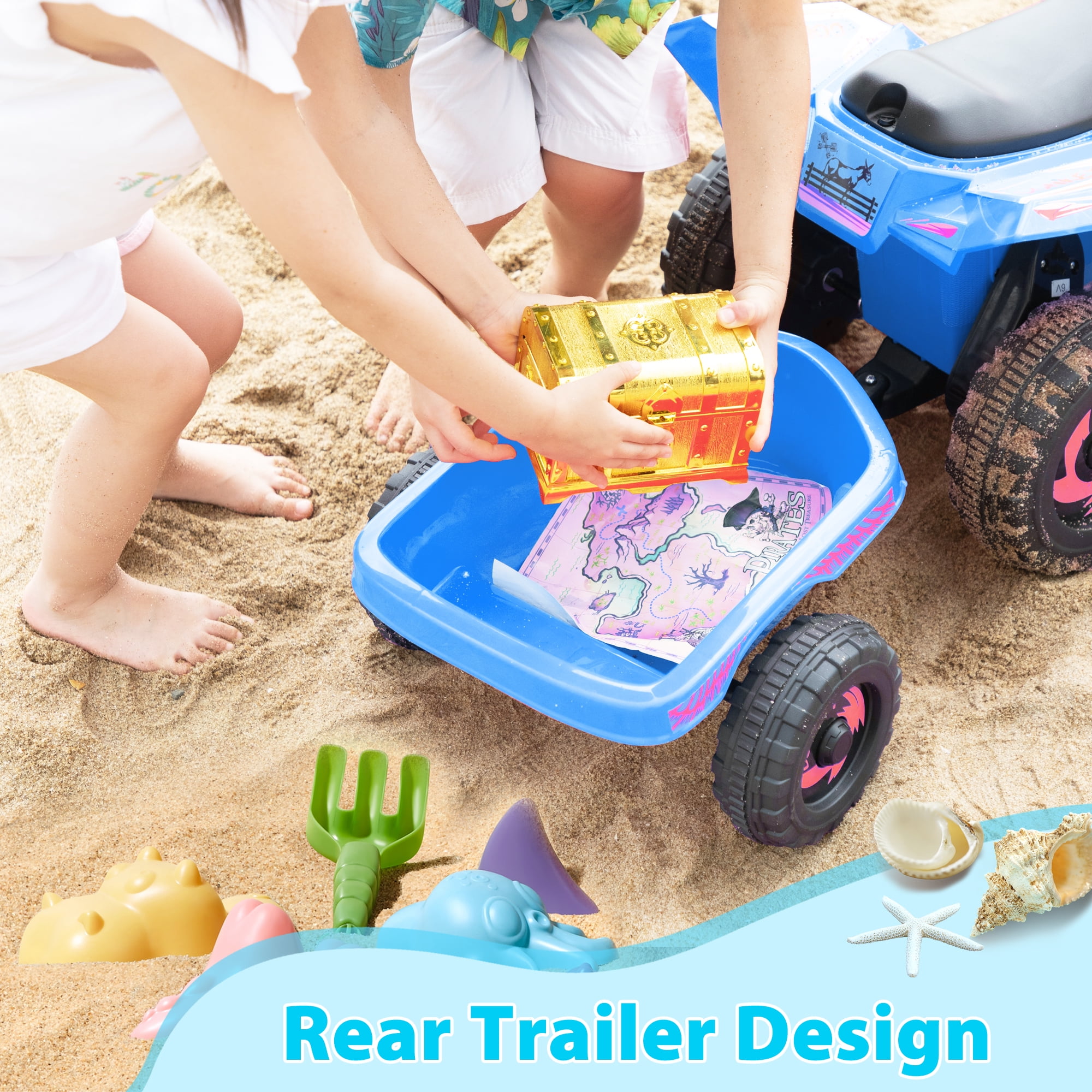 TOBBI 6V Kids Ride on ATV Quad Battery Powered 4-Wheeler Toy Car W/ Trailer, Bluetooth, MP3, Horn, Blue