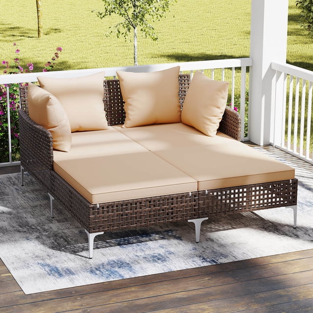 Costway Outdoor Patio Daybed PE Rattan Sunbed with Sponged-Filled Pillows and Cushions Brown