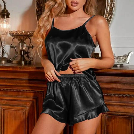 

NECHOLOGY Womens Sexy Sling Backless Hollow Split Pajamas Two Piece Home Clothes Suit Pajamas Suit Silk Sleepwear Pajamas Black Medium