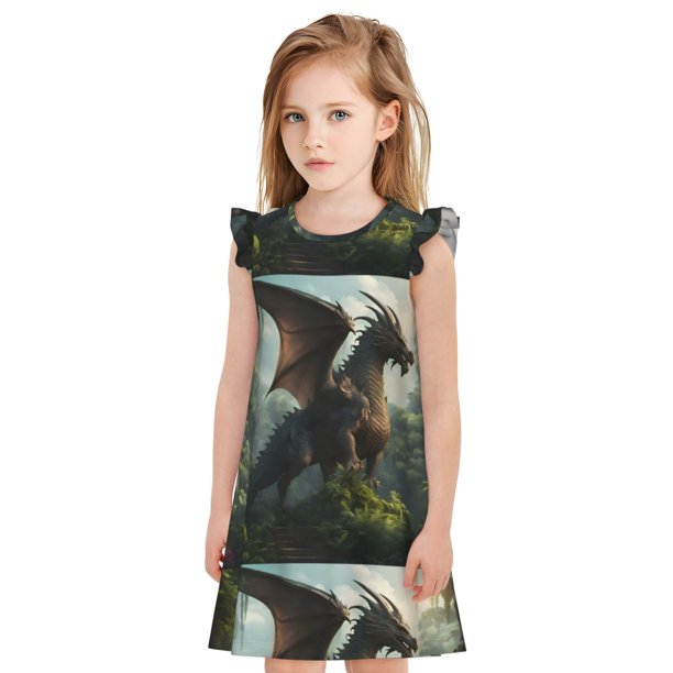 Balery Forest Stone-Colored Dragon Camisón de princesa para niñas, pijama de algodón con mangas abullonadas, suave y bonito.-Medium