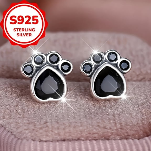 Exquisite S925 Sterling Silver Paw Print Dangle Earrings - Hypoallergenic, Nickel-Free, Black Charm Accents For Everyday And Party Wear, Perfect Gift For Her, Animal Lovers, And Pet Owners
