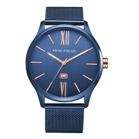 Mens Quartz Watch Blue Steel Mesh Belt Time Scale Rome Style Luminous for Friends Lovers Best Holiday Gift
