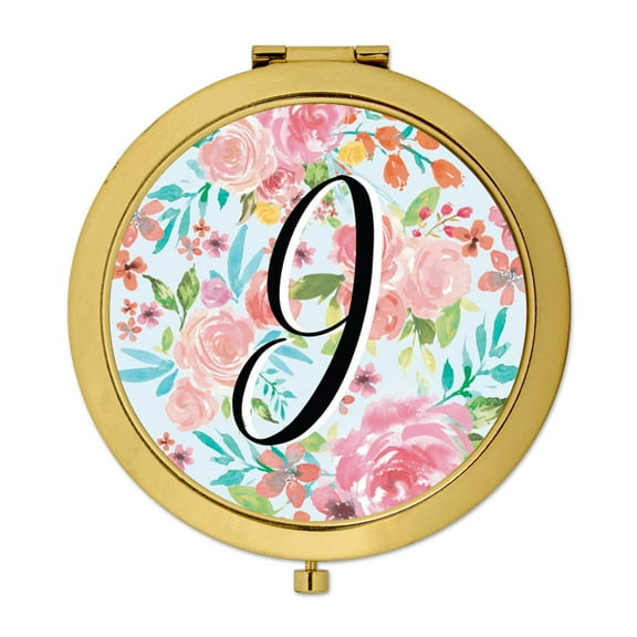 Koyal Wholesale Compact Mirror Bridesmaid's Wedding Gift, Gold, Monogram Letter I, Tea Party Pink Floral Flowers, 1-Pack