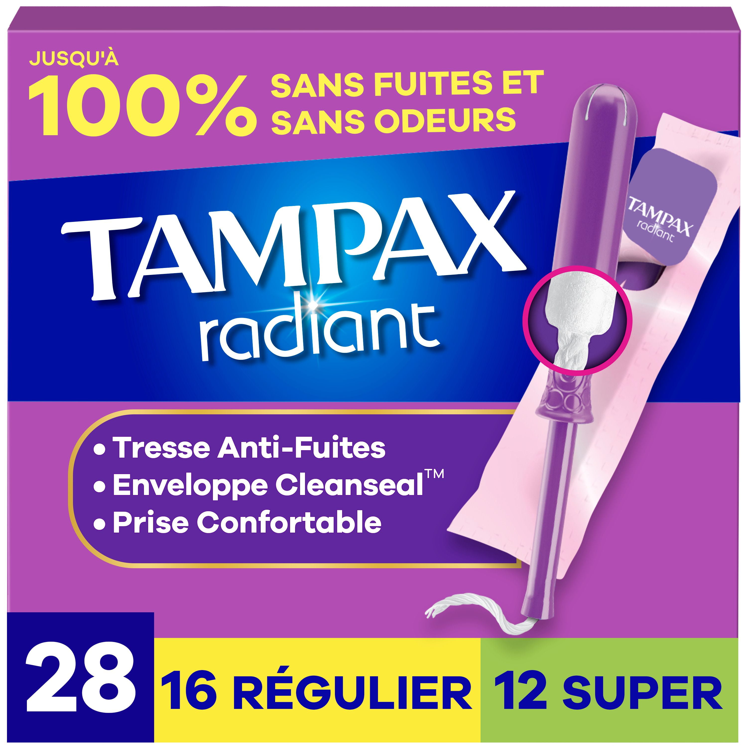 Tampons Tampax Radiant, avec tresse anti-fuites LeakGuard, degrés d’absorption régulier/super, emballage multiple, non parfumés, 28tampons 28 tampons