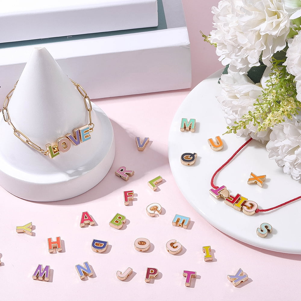 1 Set 4 Bags Alloy Enamel Alphabet Beads for Personalized Name Necklaces Making Letter A~Z Total: 26pcs/bag