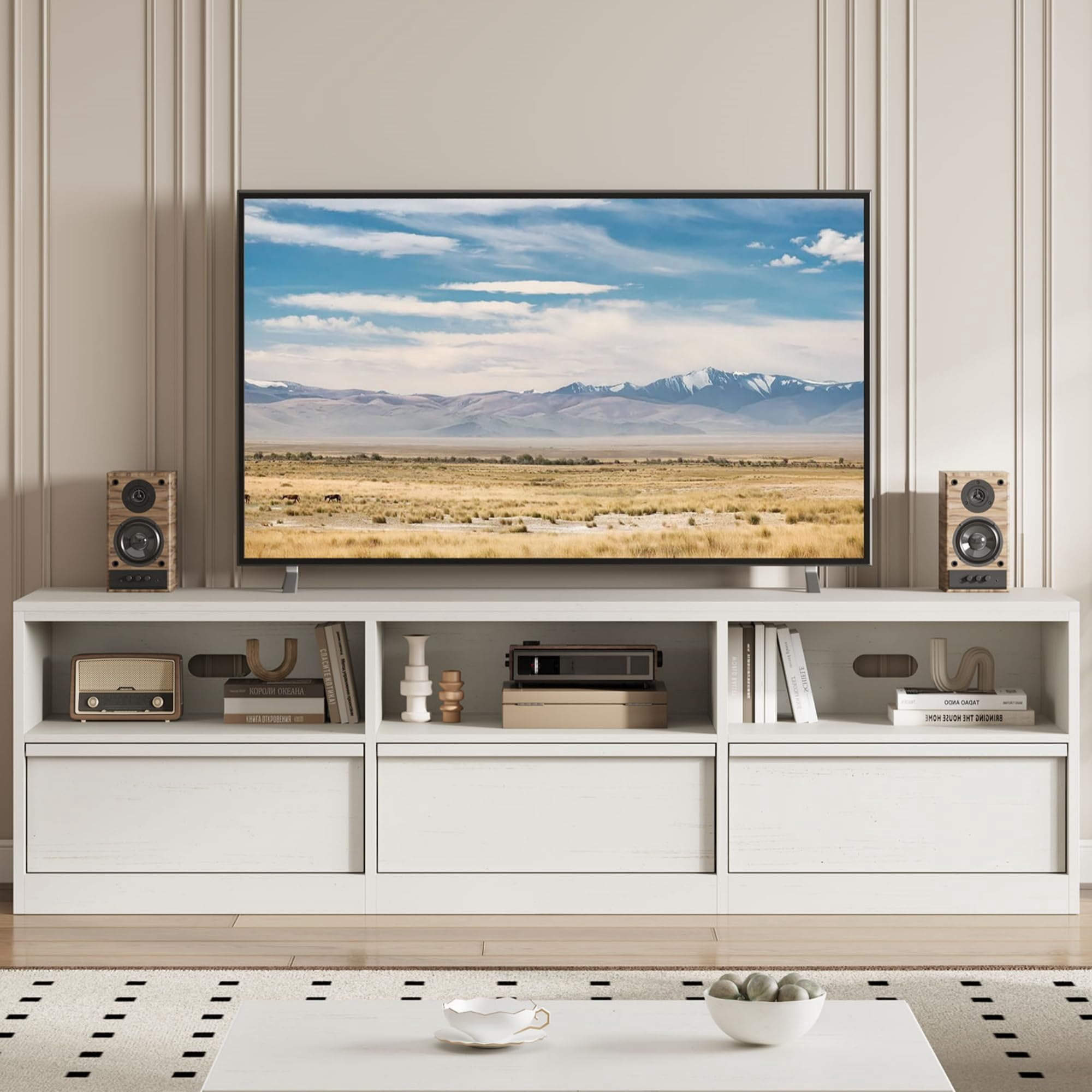 GOCAPTAIN Mid Century Modern TV Stand for TVs up to 85", Home Entertainment Center with 3 Drawers & Open Shelves for Living Room, Antique White