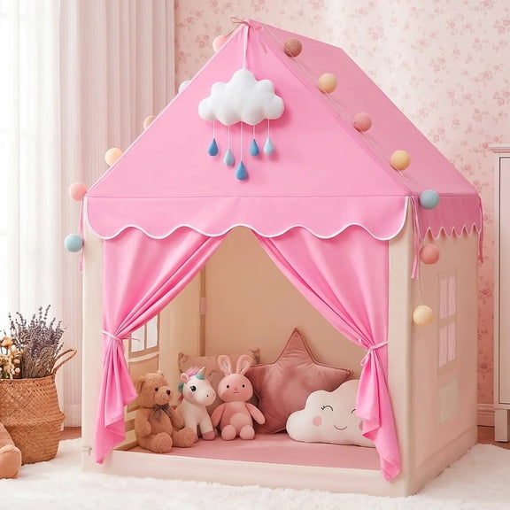 BSHAPPLUS® Kids Play House Tent,Pink Princess Castle Play Tent with Thickened Support Poles,2 Mesh Windows & Storage Pockets,Indoor Toddler Playhouse Tent for Girls Boys with Portable Carry Bag