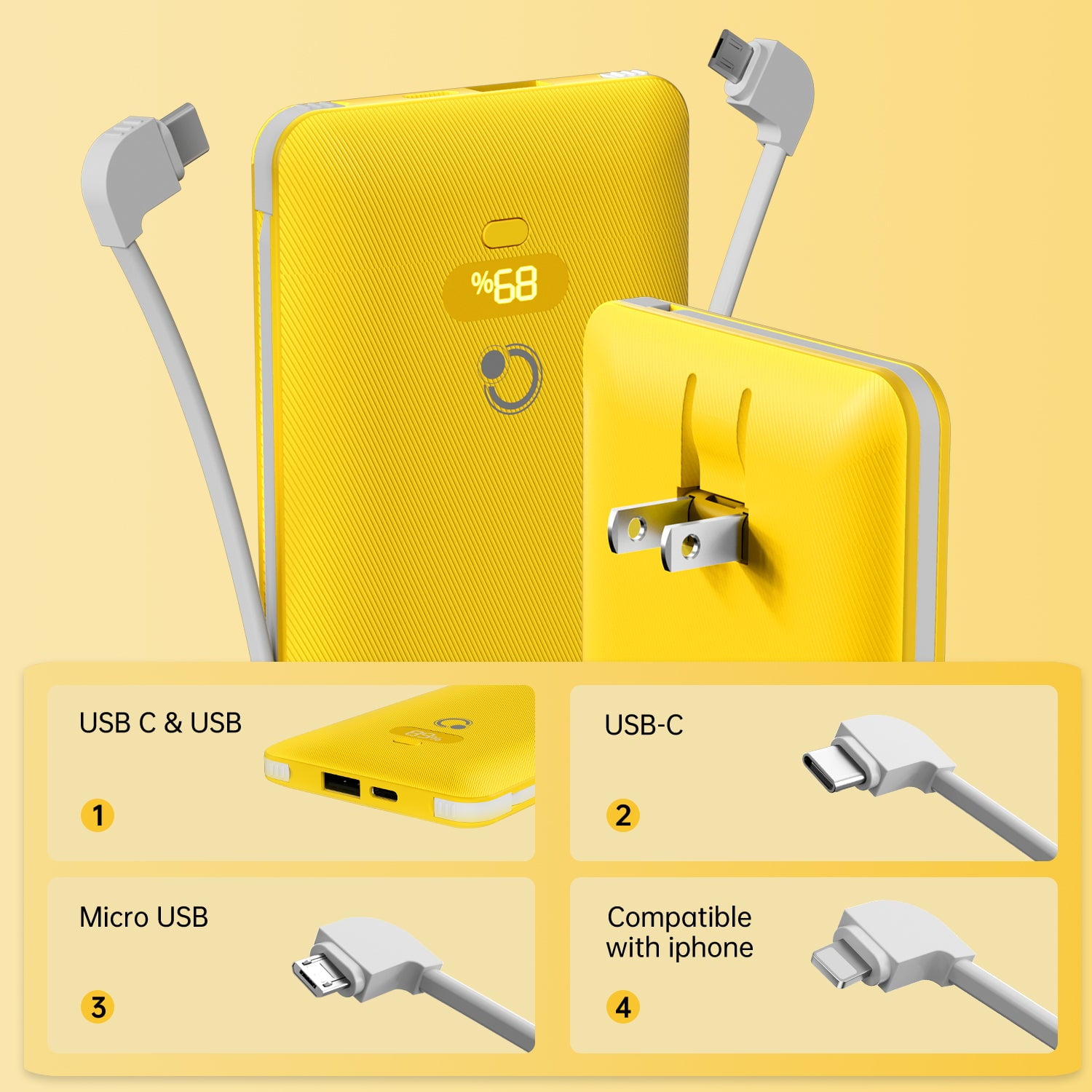 Q 10000mAh Portable Power Bank Charger with Built-in Cables AC outlet, PD 20W USB C Fast Charging with 3 Cords,5 Output slim usb chargerCompatible with iPhone, Tablet & All Smart Phones Yellow