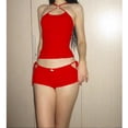 thumbnail image 3 of Women Summer Sexy Coquette 2 Piece Pajamas Sets Halter Cutout Camis Crop Tops Flower Low Waist Shorts Loungewear Fairy Outfits, 3 of 4