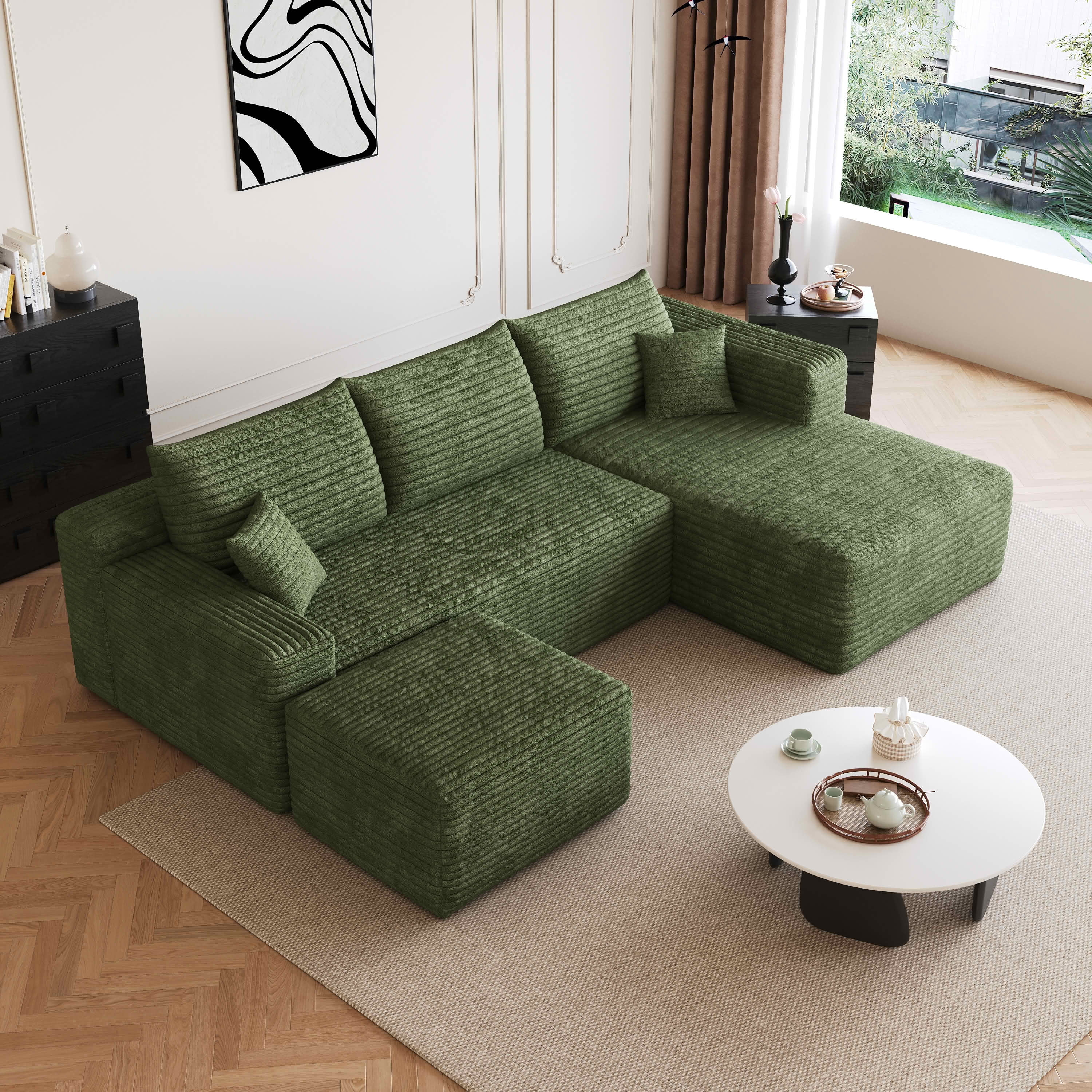 MAYEERTY 95" Cloud Sectional Sofa with Ottoman, U-Shaped Corduroy Deep Seat Couch, No Assembly for Living Room, Green
