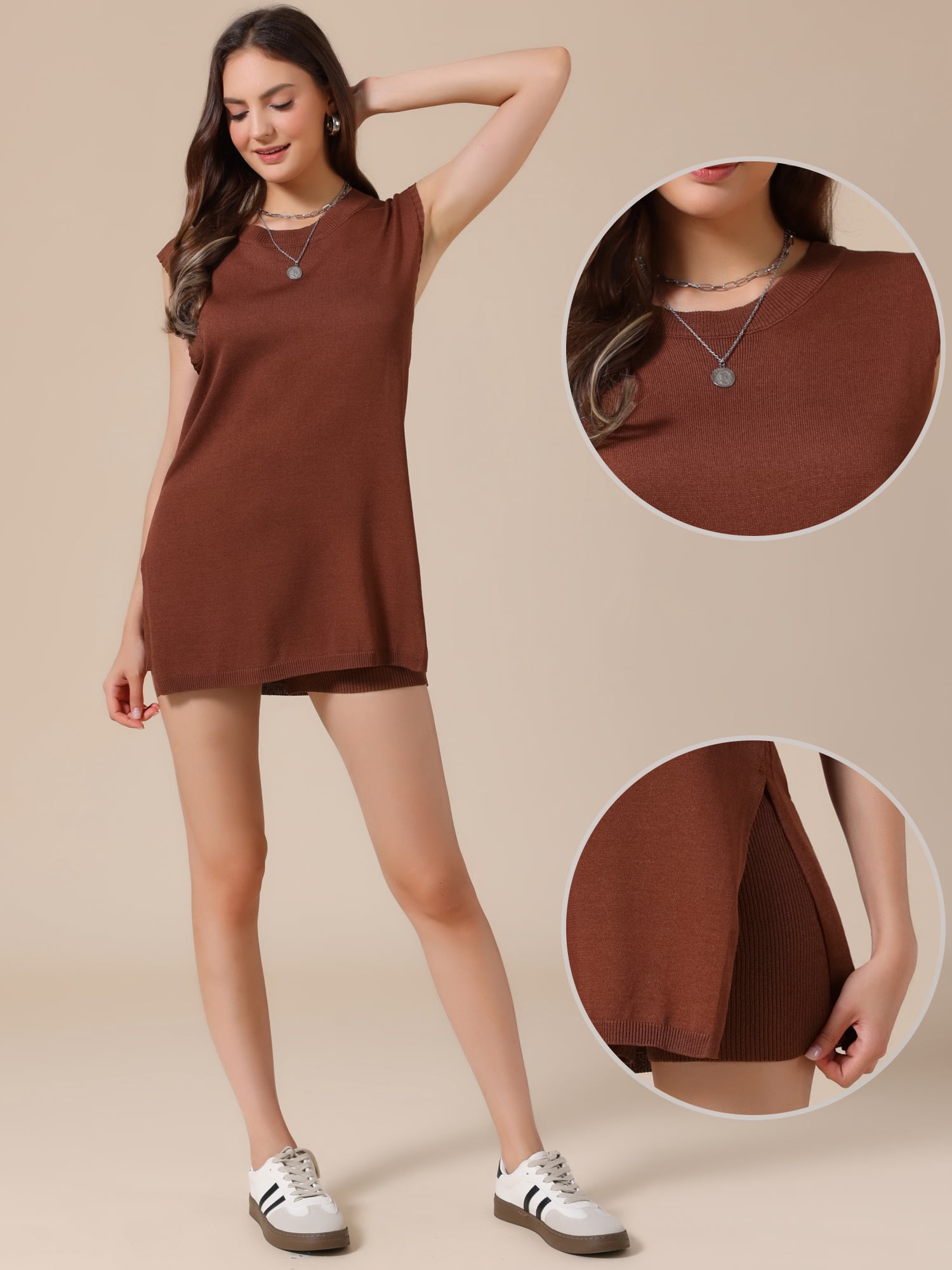DARING DIVA Women's 2 Piece Lounge Set Ribbed Knit Sleeveless Top Shorts Suit S Brown