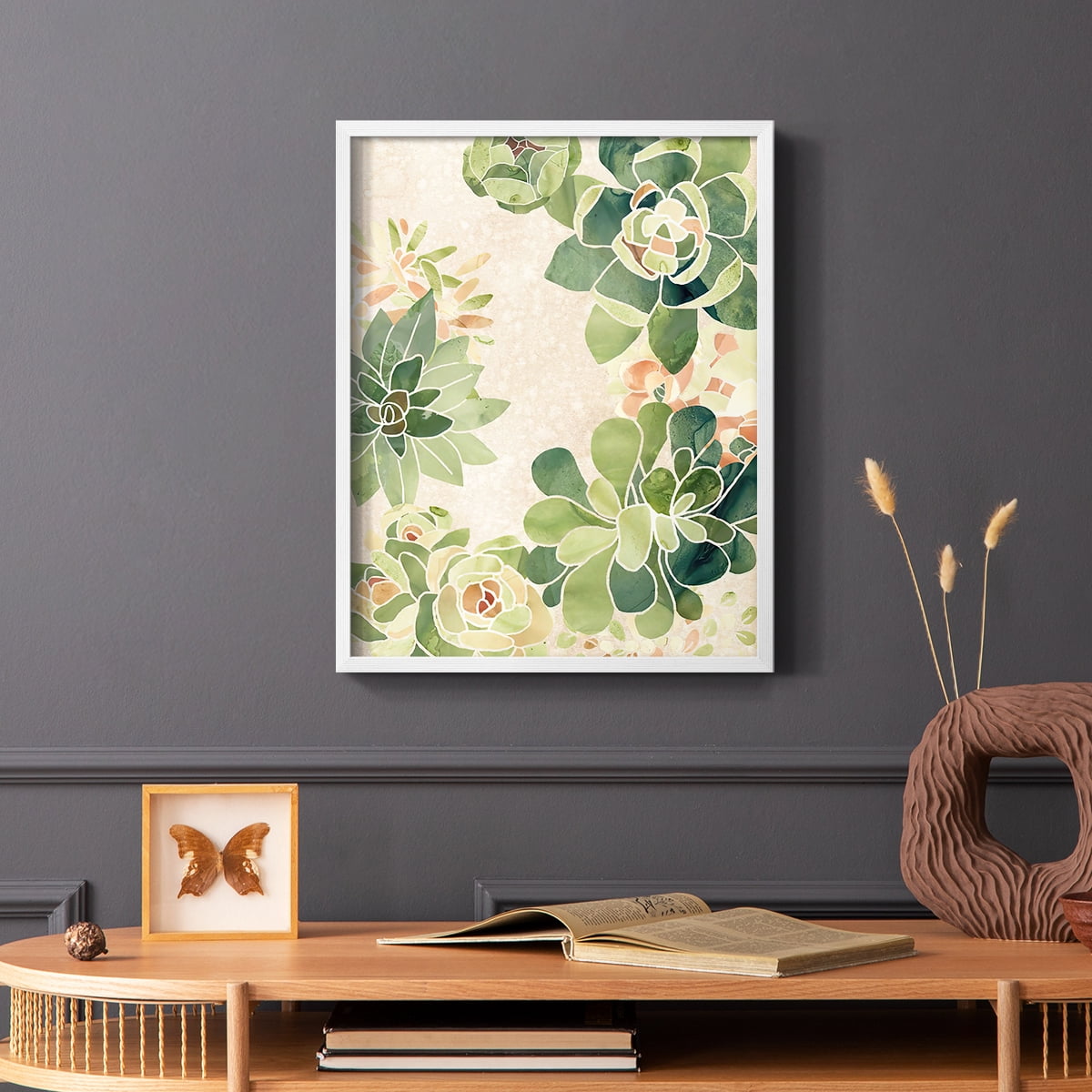 Stained Glass Succulents II Framed Print in White Solid Wood Framed Print No Nail Hanging