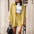 thumbnail image 2 of GILIGEGE Linen Sets for Women 2 Piece Summer Women's Solid Spring Wrinkle Collar Long Sleeve Shirt High Waist Shorts Large Fashion Casual Set Summer Beach Vacation Outfits Lounge Tracksuits Yellow S, 2 of 4