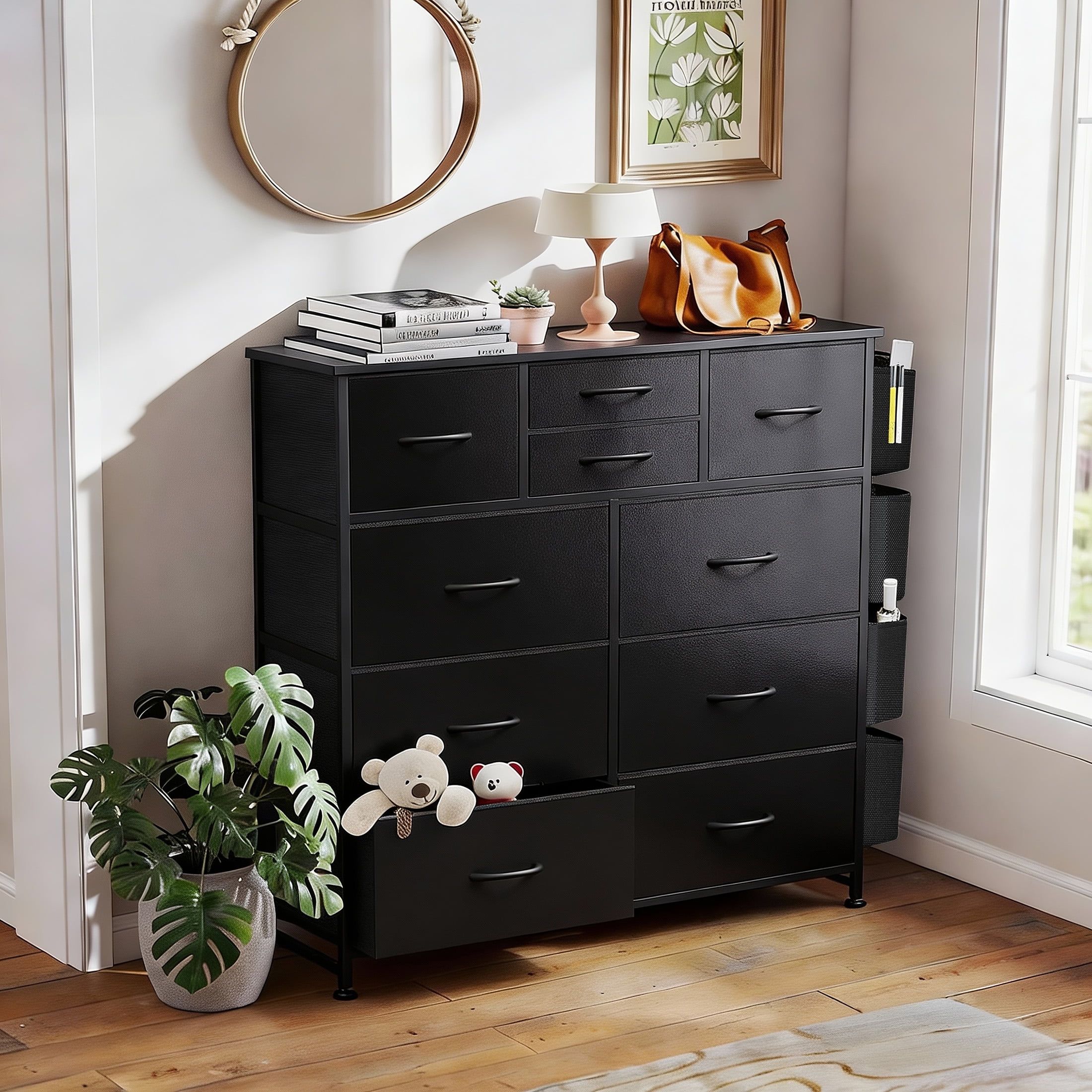 edx Dresser Storage with 10 Drawers, Fabric Dresser Tower with Side Bag, Storage Unit for Bedroom, Closet, Office, Black