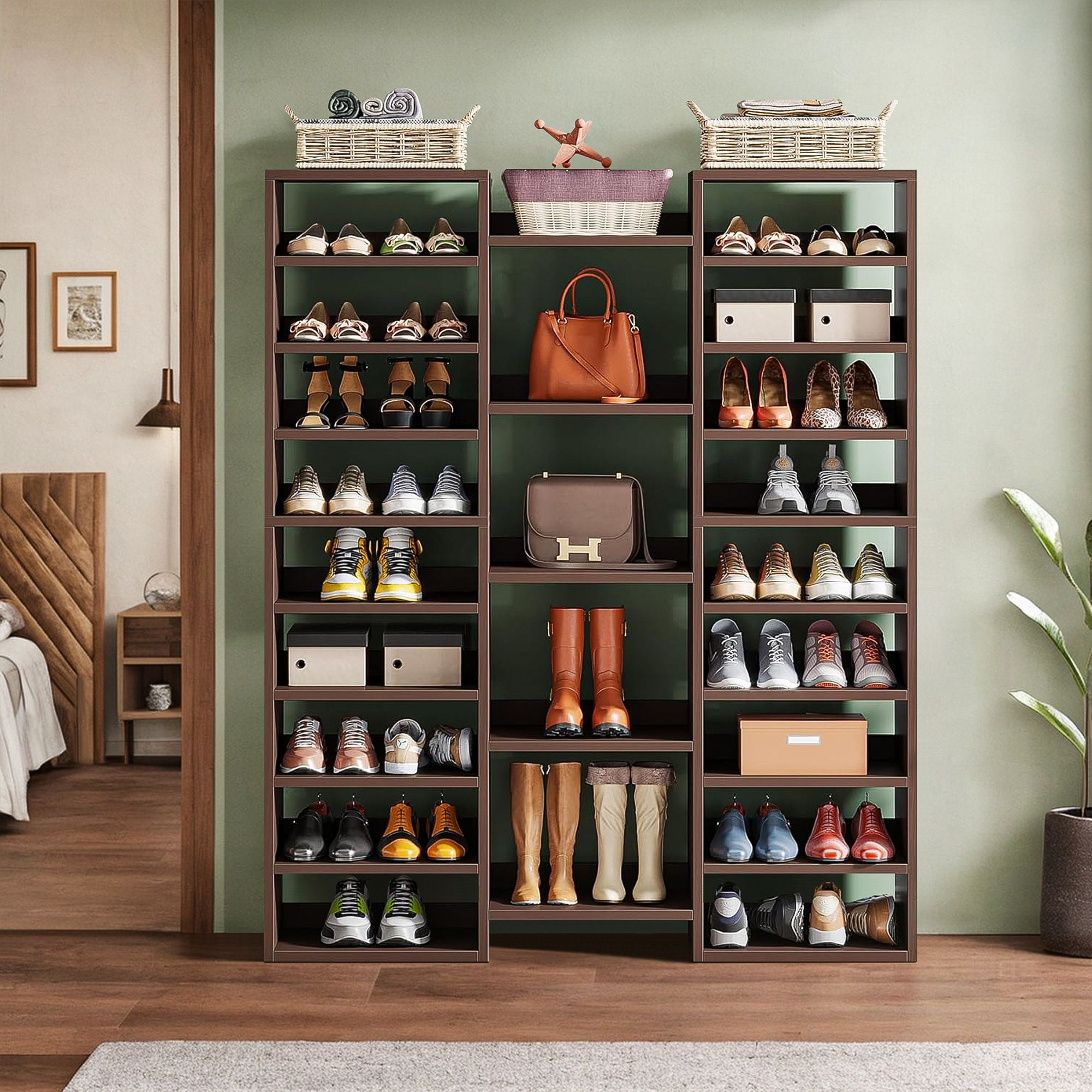 Demi Bonn Elegant Wooden Shoe Storage Cabinet, Space-Saving Solution with Cubbies for 23 Pairs, Freestanding Shoe Rack Organizer, Brown