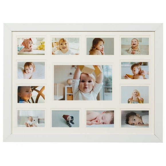 13 Opening Collage Picture Frame with Double White Mat - Displays One 4x6 and Twelve 2x3 - Wall Mounting, Landscape, Portrait - White