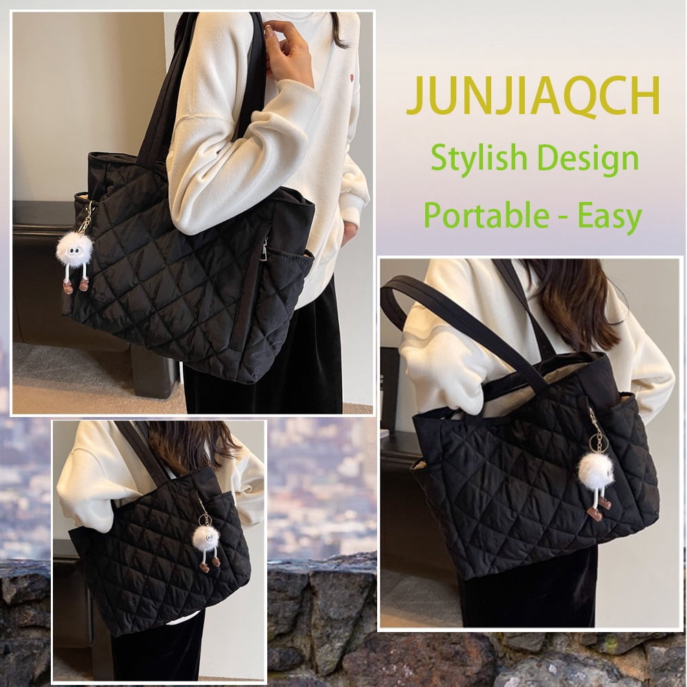 Travel Totes，Puffer Work Tote Bag for Women, Quilted Puffy Bag with compartments (Black)
