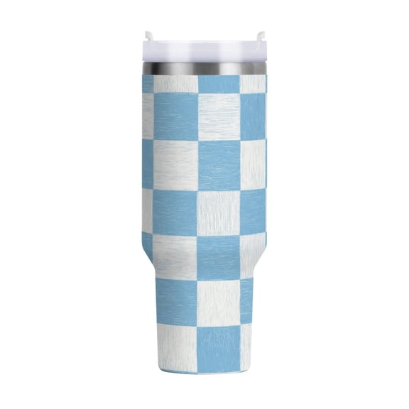 40 oz Tumbler With Handle Stainless Steel Insulated Tumbler With Lid for Car Cup Holder Light Blue and White Checkered
