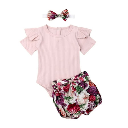 

MERSARIPHY Baby Girl s Sets Short Sleeve Romper + Floral Shorts + Headband