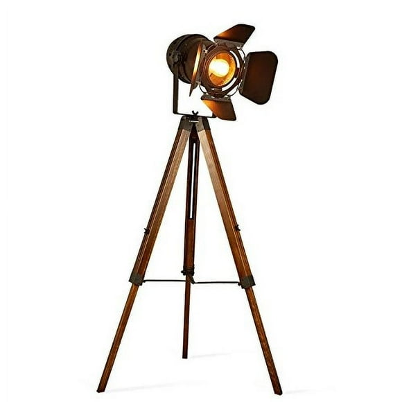 Decoluce Vintage Tripod Floor Lamp, Height Adjustable Wooden Camera Tripod Rotatable Spotlight Tall Standing Light, Nostalgic Cinema Lamps for Living Room, Bedroom, Studios Decor(Black)