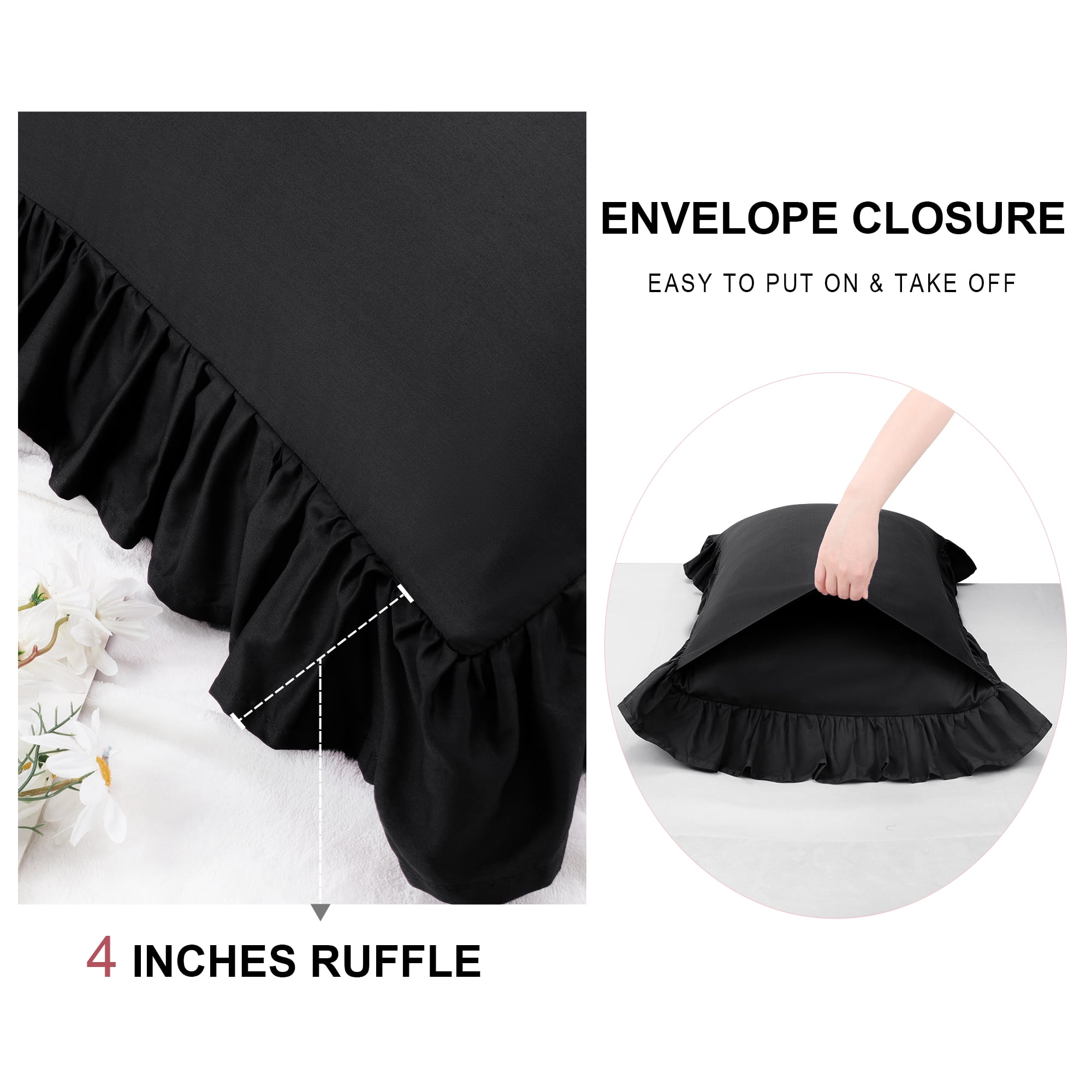 Unique Bargains 2 Pcs 100% Cotton Envelope Closure Ruffled Pillowcases Black Standard