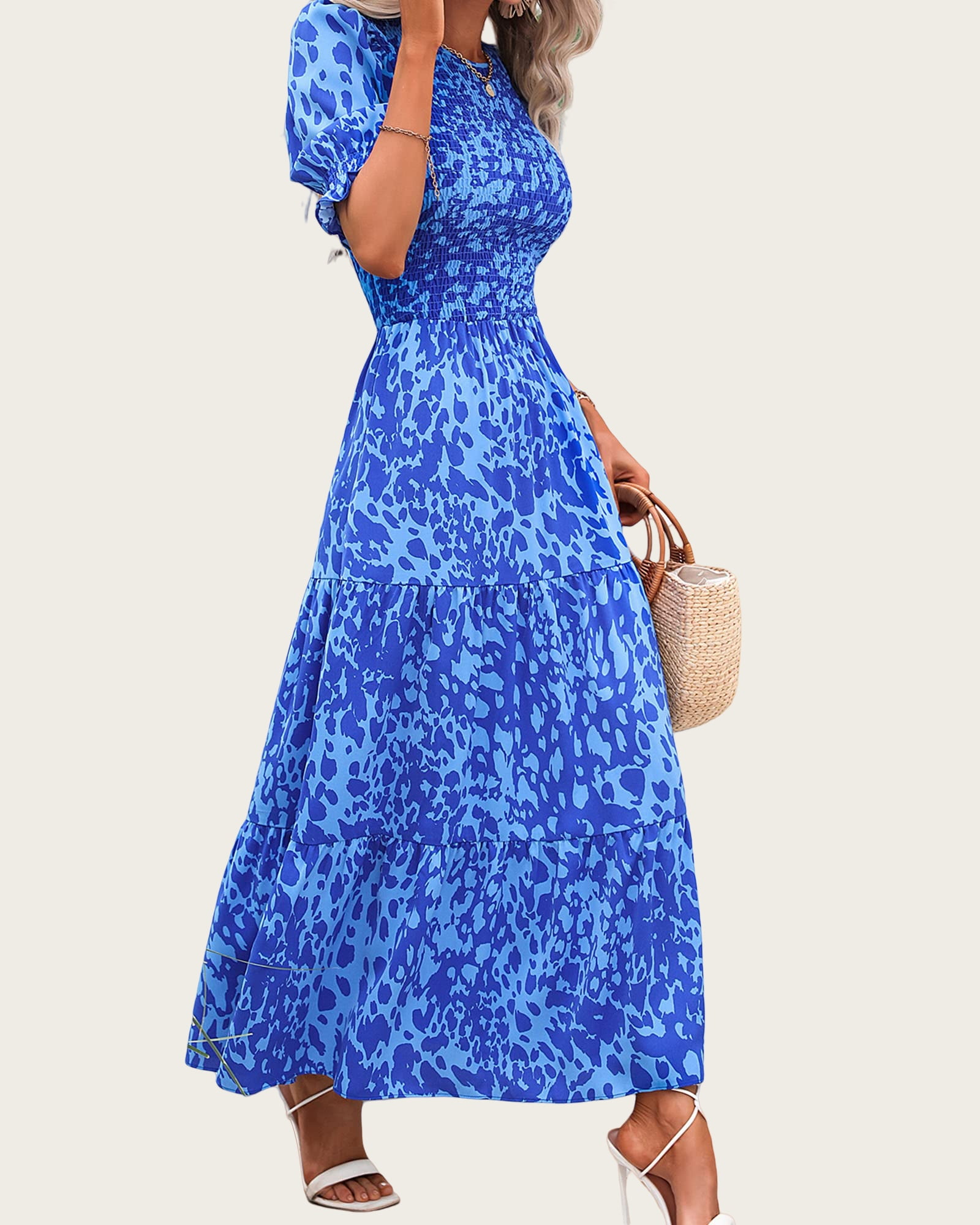 FreshPretty Women Casual Summer Dresses Spring Crew Neck Ruffle Short Sleeve Floral Print Smocked Boho Flowy Maxi Dress