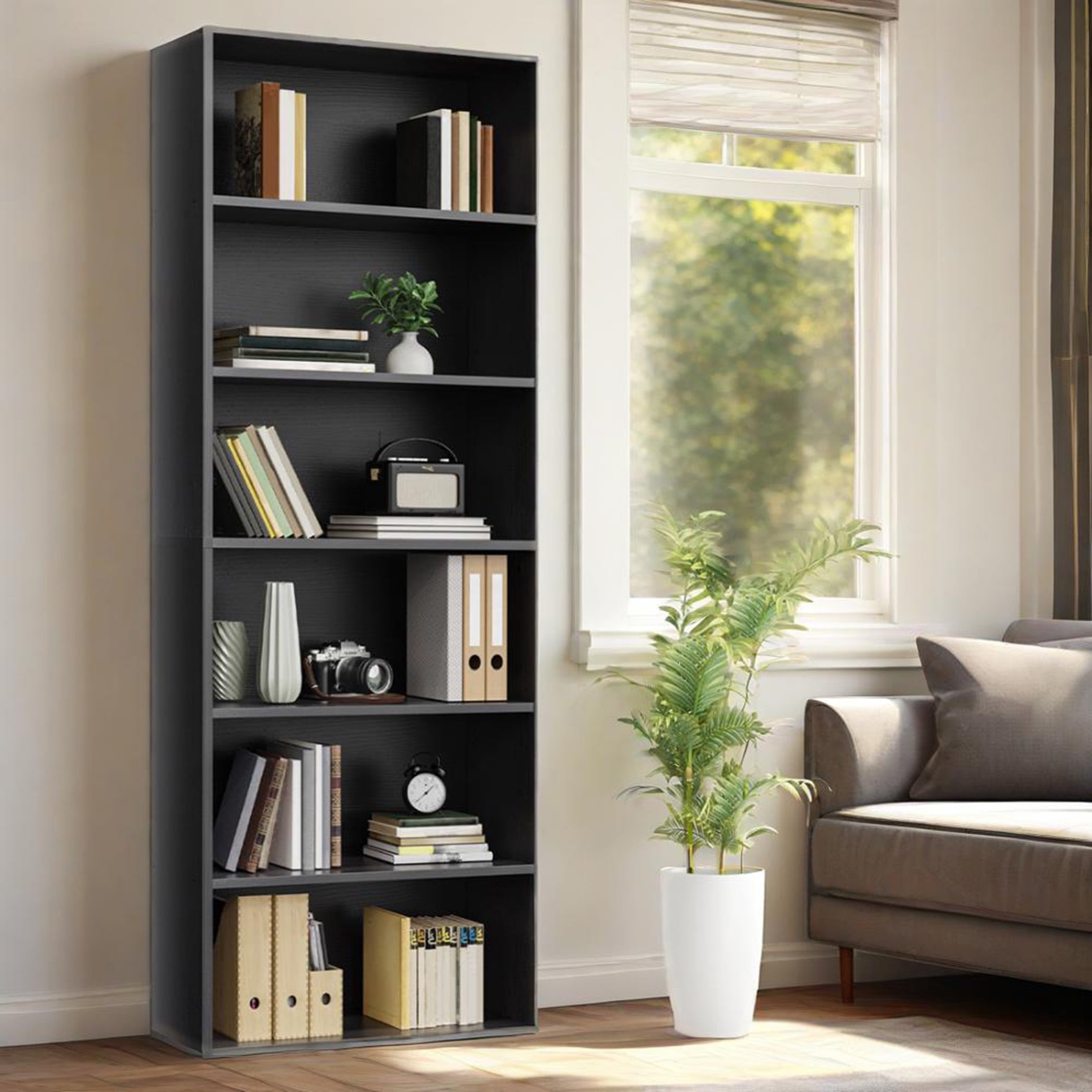 CONCETTA 6 Shelf Bookcase, 63 Inch Tall Floor Standing Open Bookshelf for Home Office and Living Room, Black