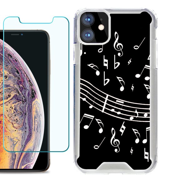 For Apple iPhone 11 Case, Hybrid Bumper Phone Case, with Tempered Glass Screen Protector, by OneToughShield ® - Music Notes / Black