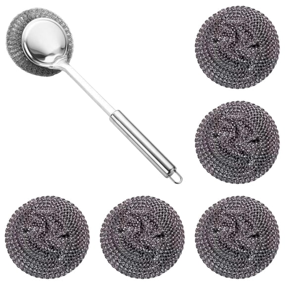 1PC Steel Wool Scrubber with Handle, Cast Iron Scrubber, Stainless Steel Scrubber, with 5 Refills and Long Handle Stainless Pot Brush, Remove Dirt, for Cleaning Stoves, Sinks, Dishes, Grills, Bowls