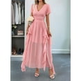 thumbnail image 4 of Women'S Casual Summer V Neck Flutter Ruffle Short Sleeve Irregular Hem High Waist Flowy Midi Dresses Pink S, 4 of 9