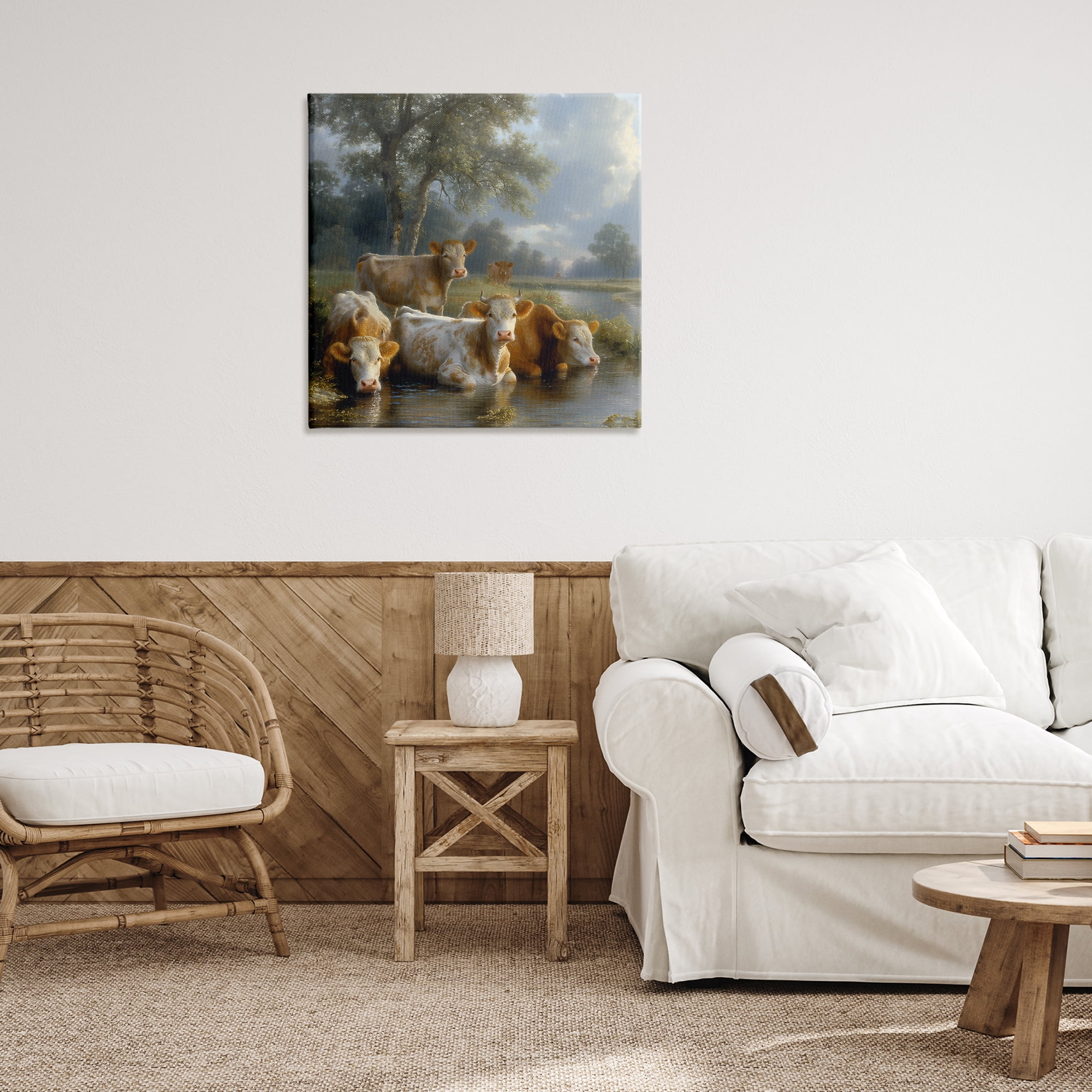 Stupell Industries Cow Family at Creek Animals Painting Wrapped Canvas Art Print Wall Art, 30 x 30