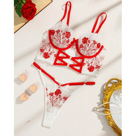Red Embroidered Lingerie White Bustier Set