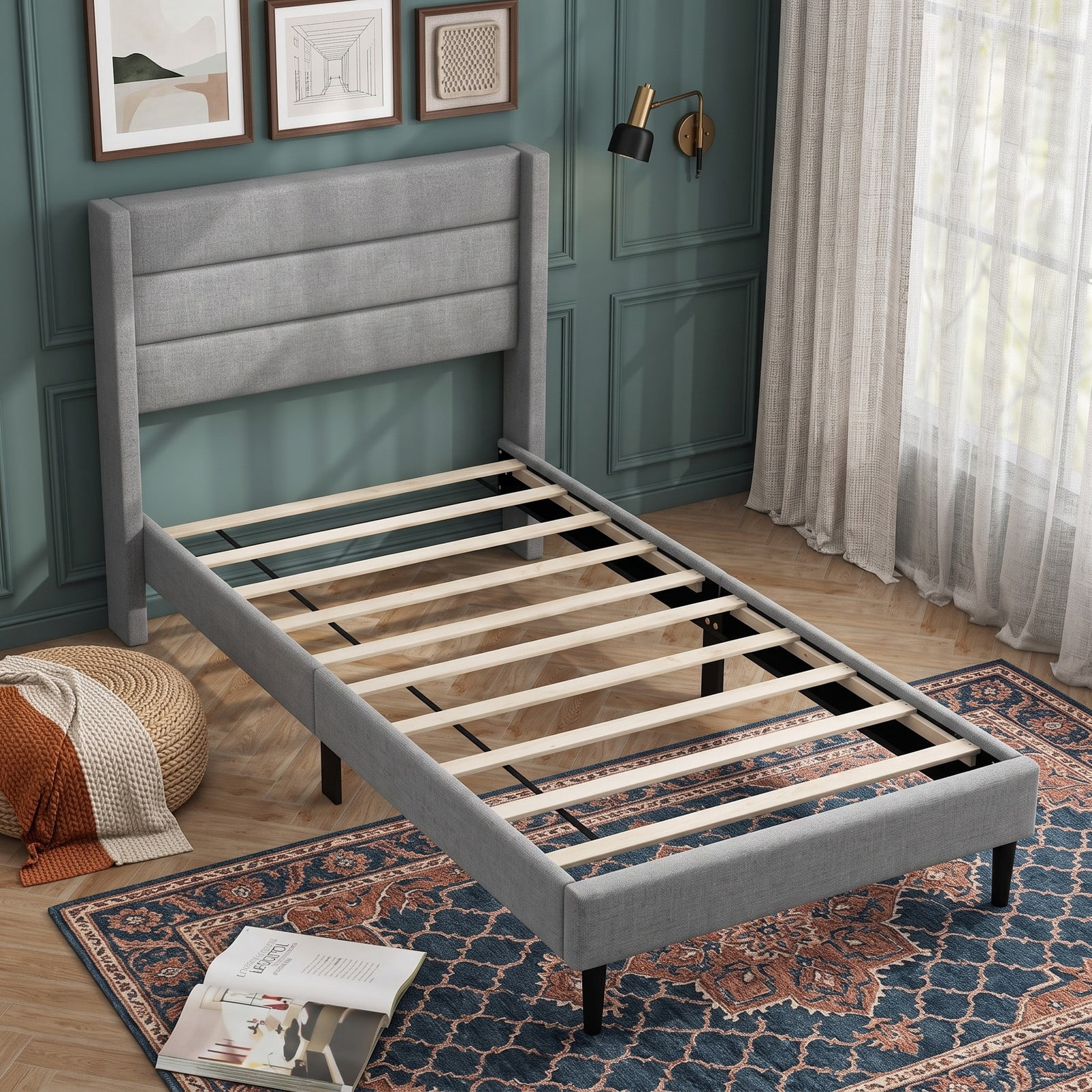 Furnibear Twin Bed Frame Linen Upholstered Platform Bed with Wingback Channel Headboard, Wood Slat Support No Box Spring Needed, Gray